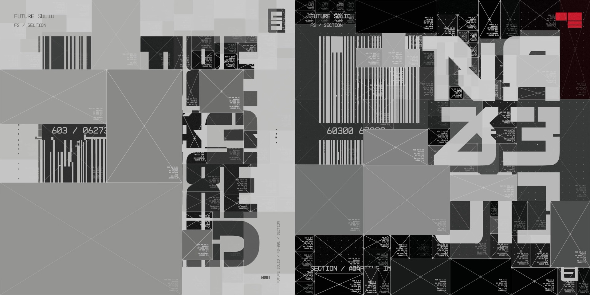 A Future Solid composition of recursive subdivisions, graphic lettering and fine data annotations